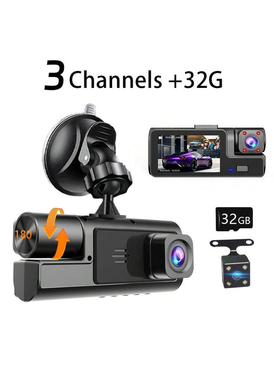 3-Channel 1080P Dash Cam with WiFi, Night Vision & 32GB Card